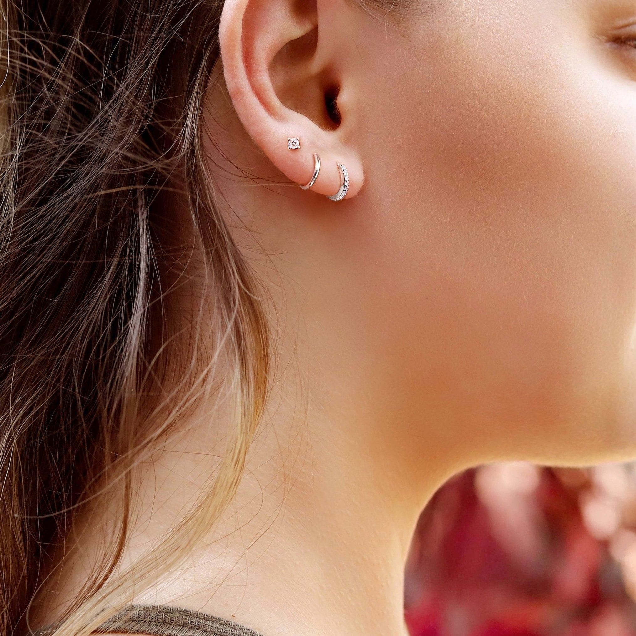 Huggie Hoop Earrings • Set of 3 earrings • cartilage hoop • hoop earrings • silver pave ring hoop • tragus hoop • small helix hoop