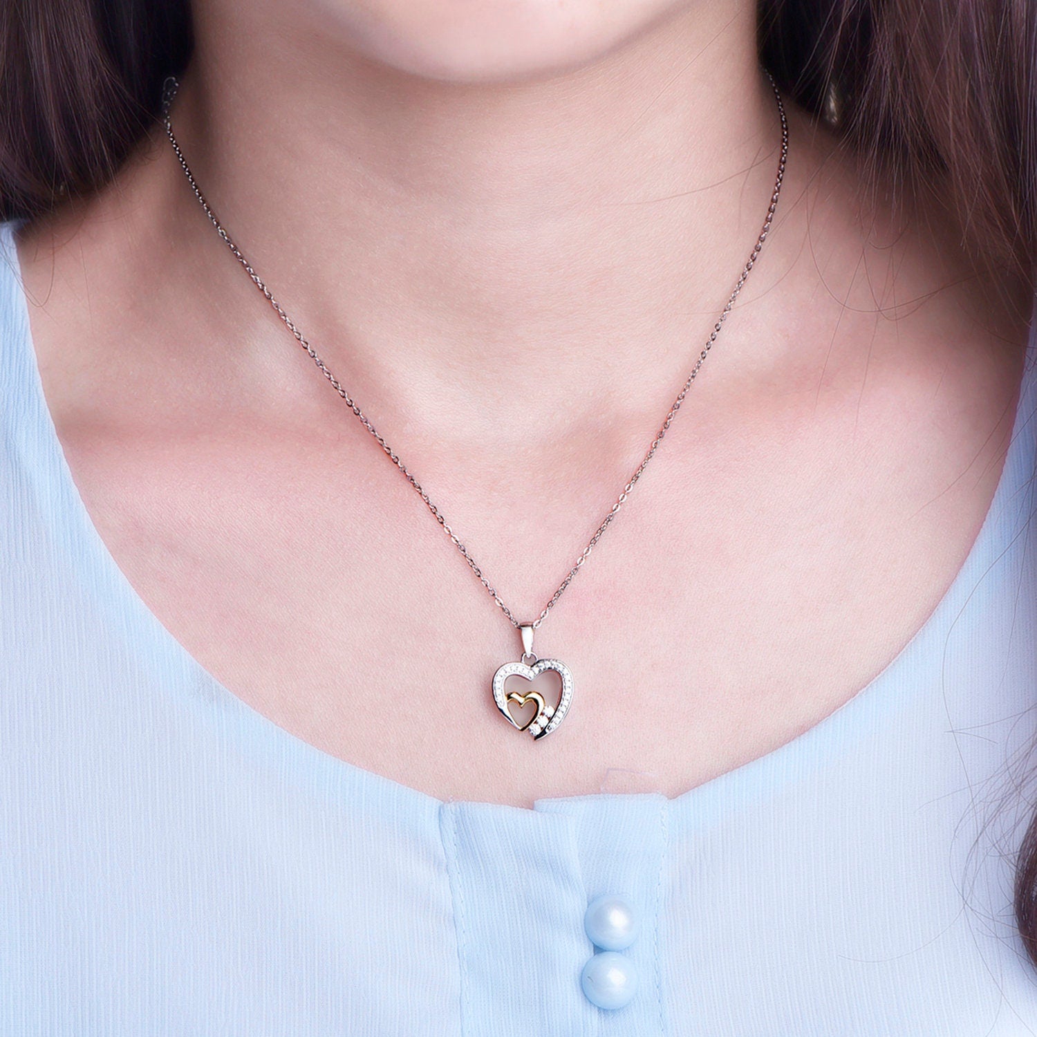 Brook - Delicate Two Tone Double Heart Necklaces •Link Chain • Choker Necklace, Satellite Necklace