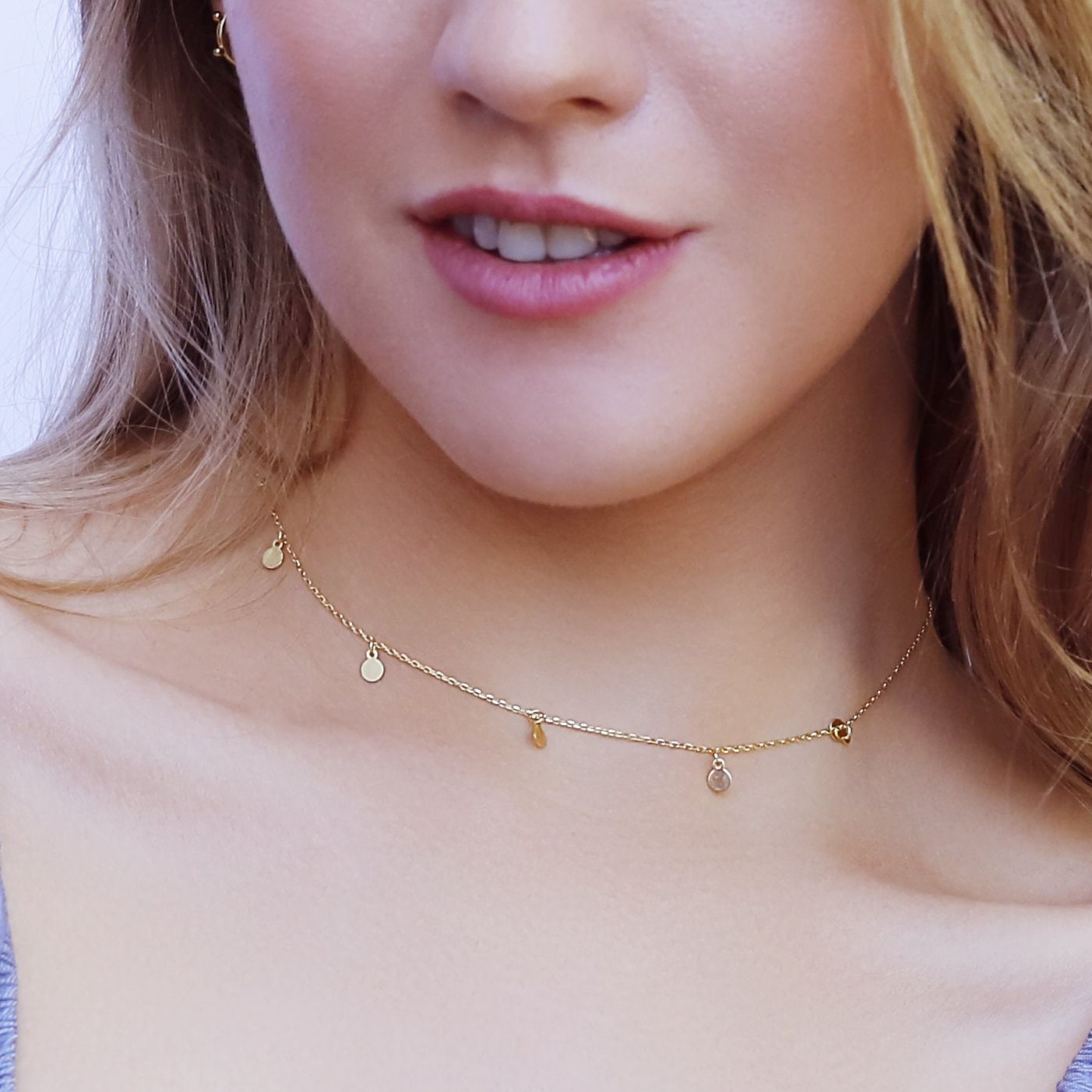 Amanda - Gold Disc Necklace - Dainty Coin Necklace - Gold Coin Choker - Small Disc Necklace