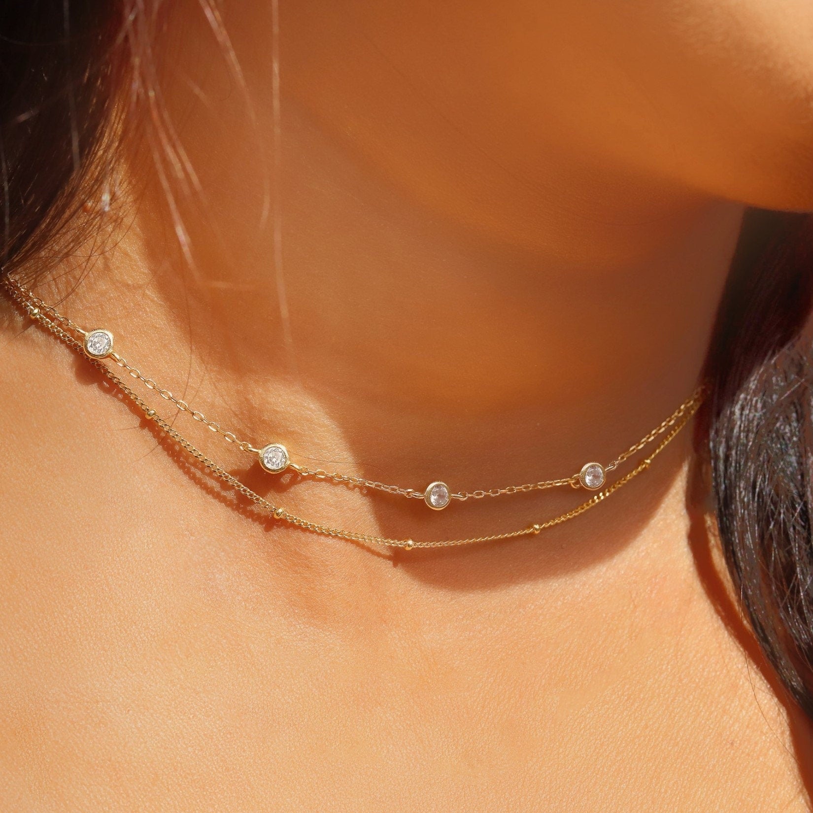 Beth - satellite Necklace, CZ Bobble necklace, Choker Necklace - Delicate Choker Necklaces, Satellite Chain, Gold Choker Necklace