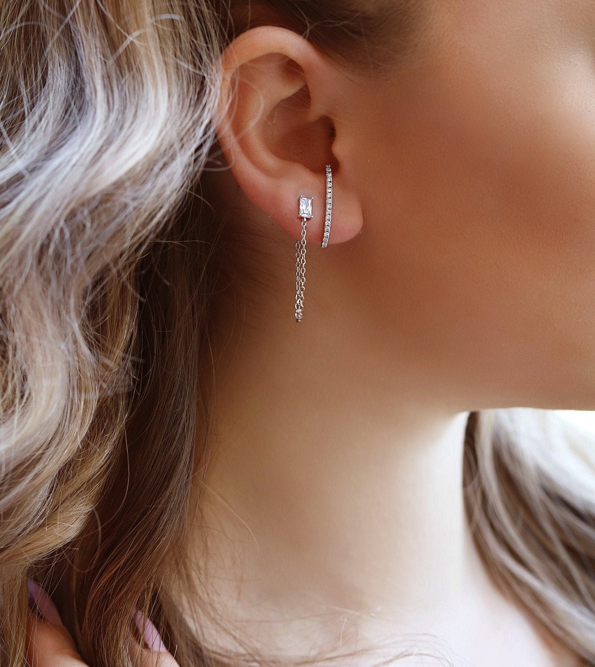 ALEXA-Minimalist Chain Earrings - Chain Loop Earrings - Silver Chain Earrings - Dainty Earrings -Stud Earrings  -  Bar Earrings - Tiny Earrings