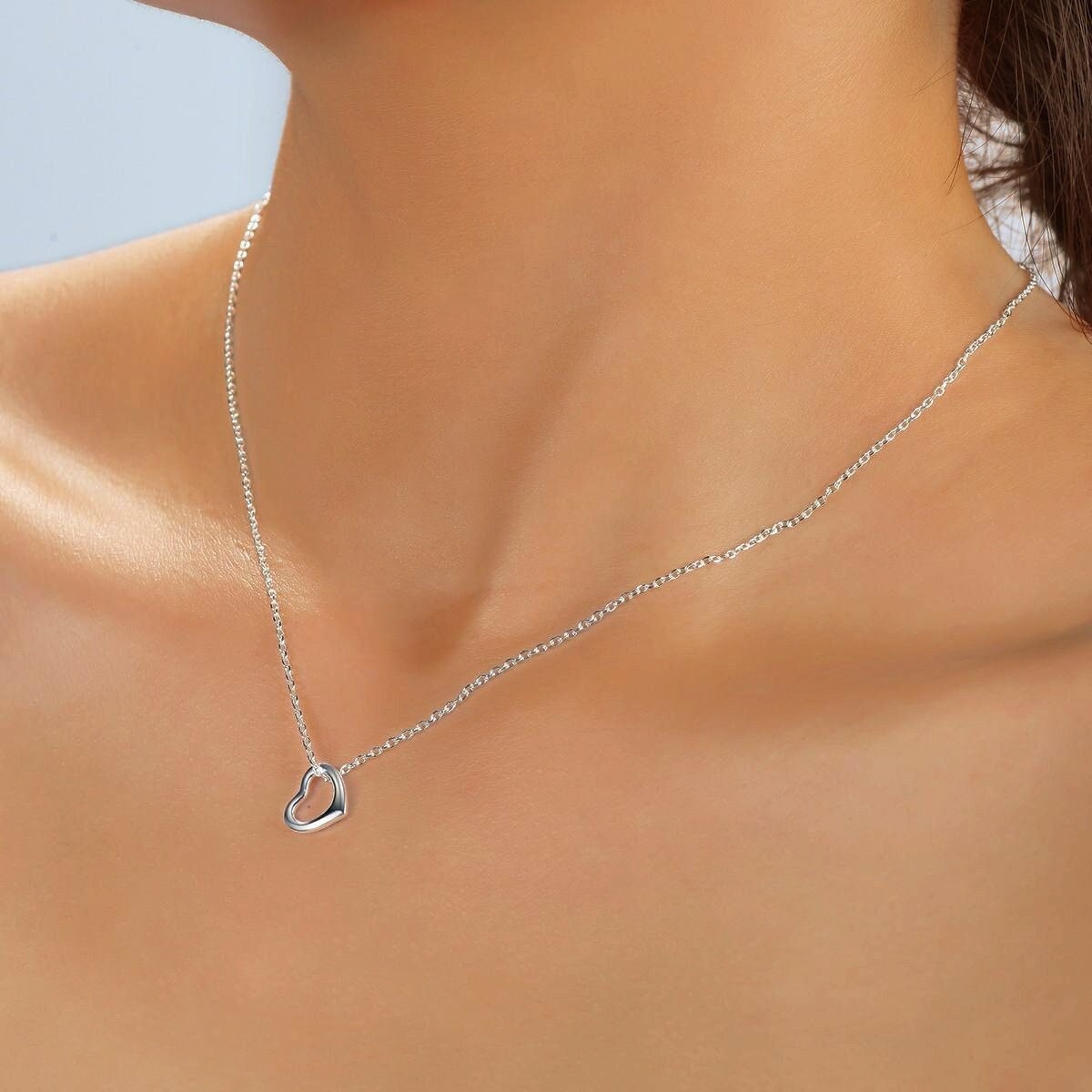 Becky - Dainty Silver/Rose Gold Layering Necklace, 925 Sterling Silver 18K Rose Gold plated, dainty Open heart necklace