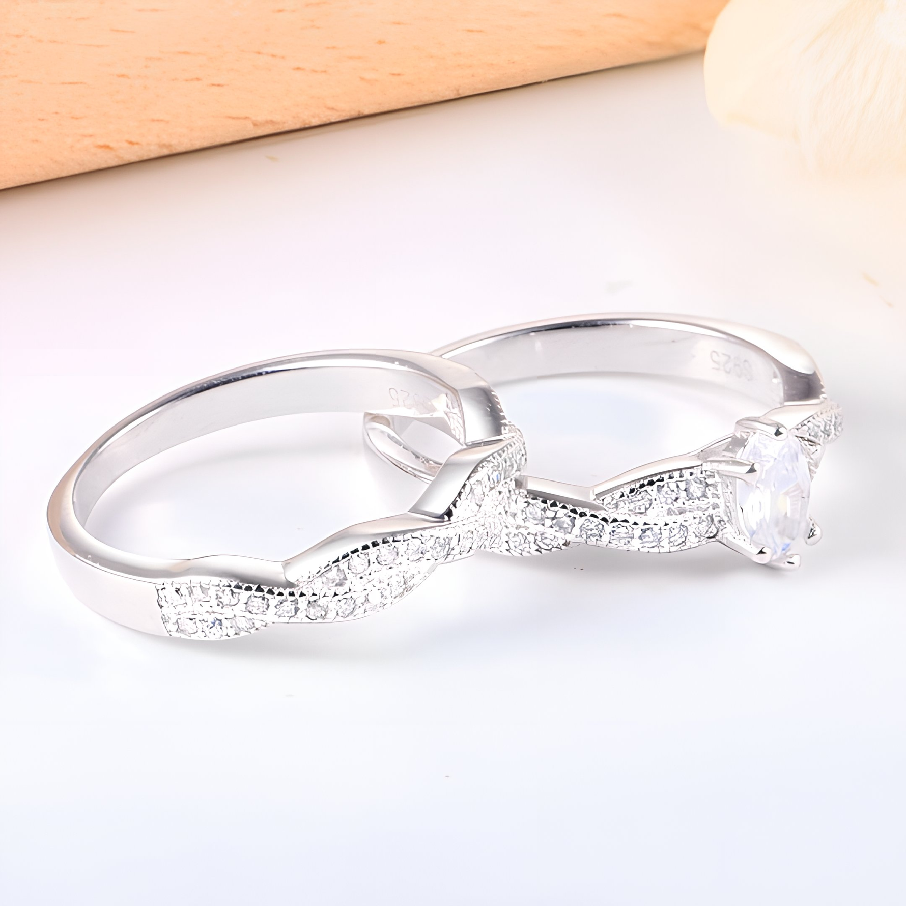 Hayendra - Sterling Silver Oval Cut Zirconia Stone Man Made Diamond Simulants Rings, Bridal Ring Set for Women - Amber James Jewellery