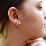 Tiny rose gold plated huggie hoop earrings with 2mm square edge design, sterling silver huggies, dainty and stylish jewelry by AJJ.