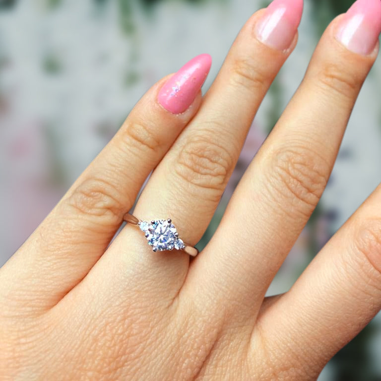 Tridget Three Stone Sterling Silver Promise Engagement Ring with Rhodium Finish - Amber James Jewellery