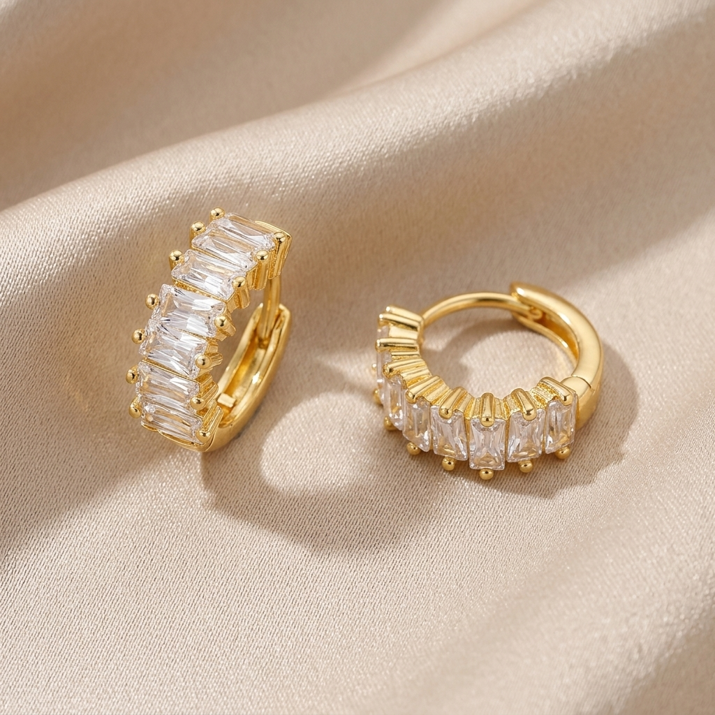 Dia Tiny Baguette Huggie Hoop Earrings | 18K Gold Dainty Huggies - Amber James Jewellery