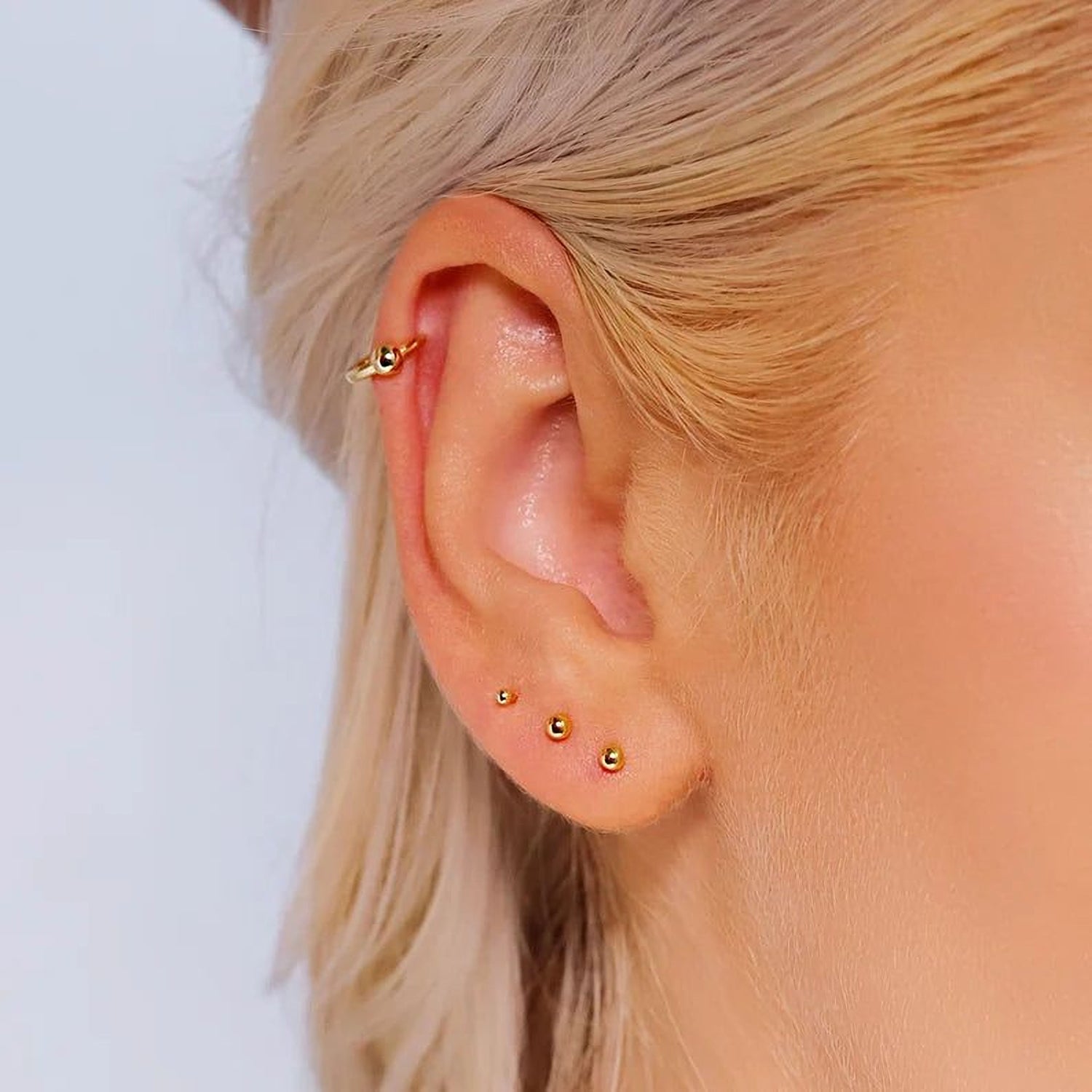 AJJ EVE small gold stud earrings in 18K gold with 1.5mm, 2mm, or 3mm ball design, perfect for minimalist jewelry.