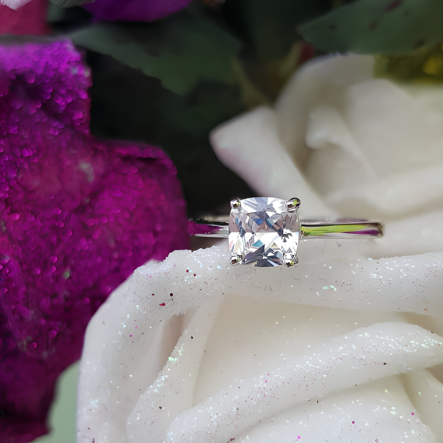 MIANEY - Cushion Solitaire Engagement Ring, Classic 4 Prong Wedding Ring, Promise Ring, Man Made Diamond Simulant, Sterling Silver - Amber James Jewellery