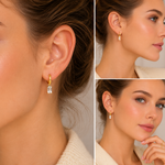 A collage of three close-up images of a woman's face, focusing on her earrings and the side profile of her face.