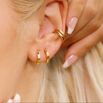 Rose gold plated tiny huggie hoop earrings with square-edge design, sterling silver huggies, dainty and stylish jewelry by AJJ.