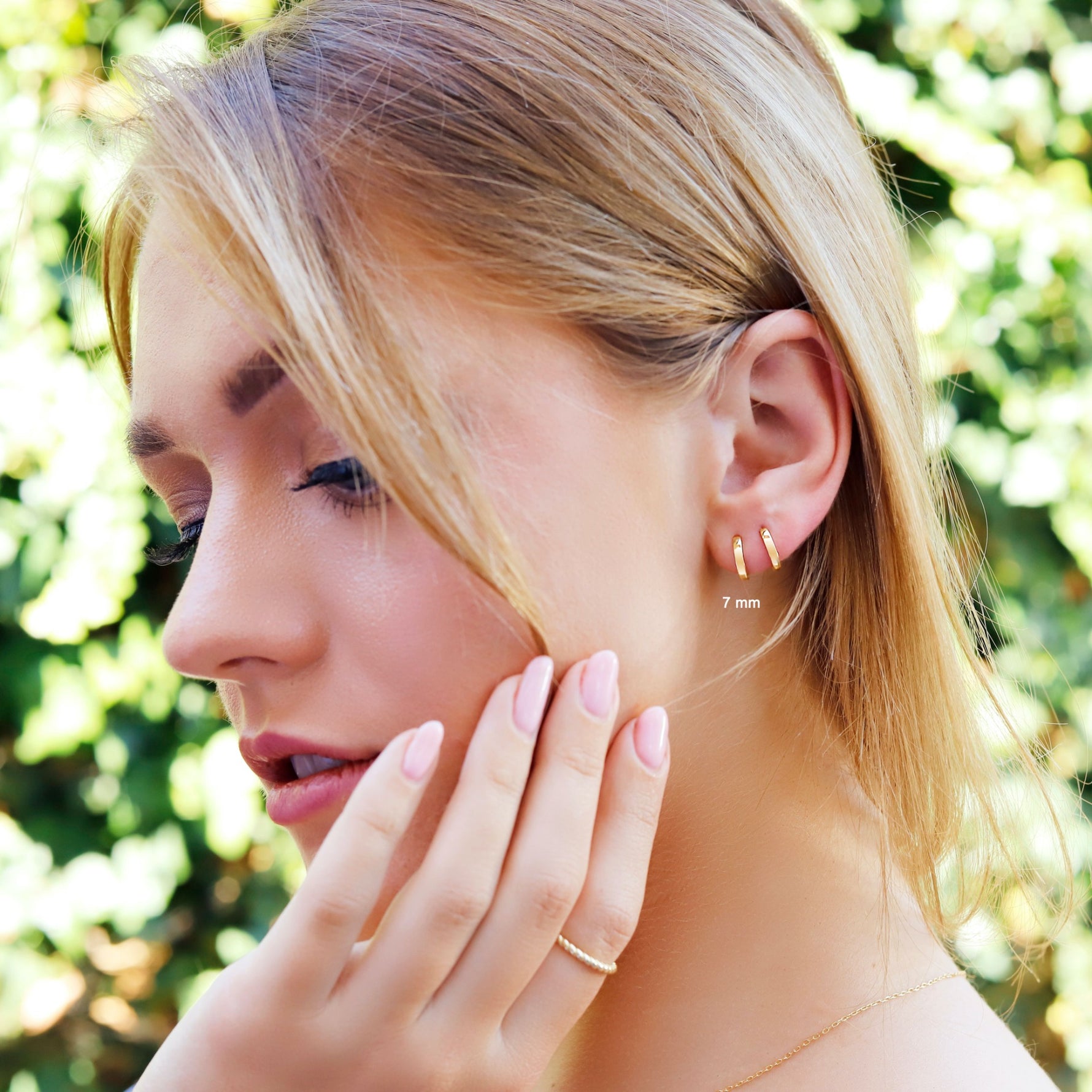 AJJ tiny rose gold plated huggie hoop earrings with sterling silver, featuring a dainty 7mm square edge design.