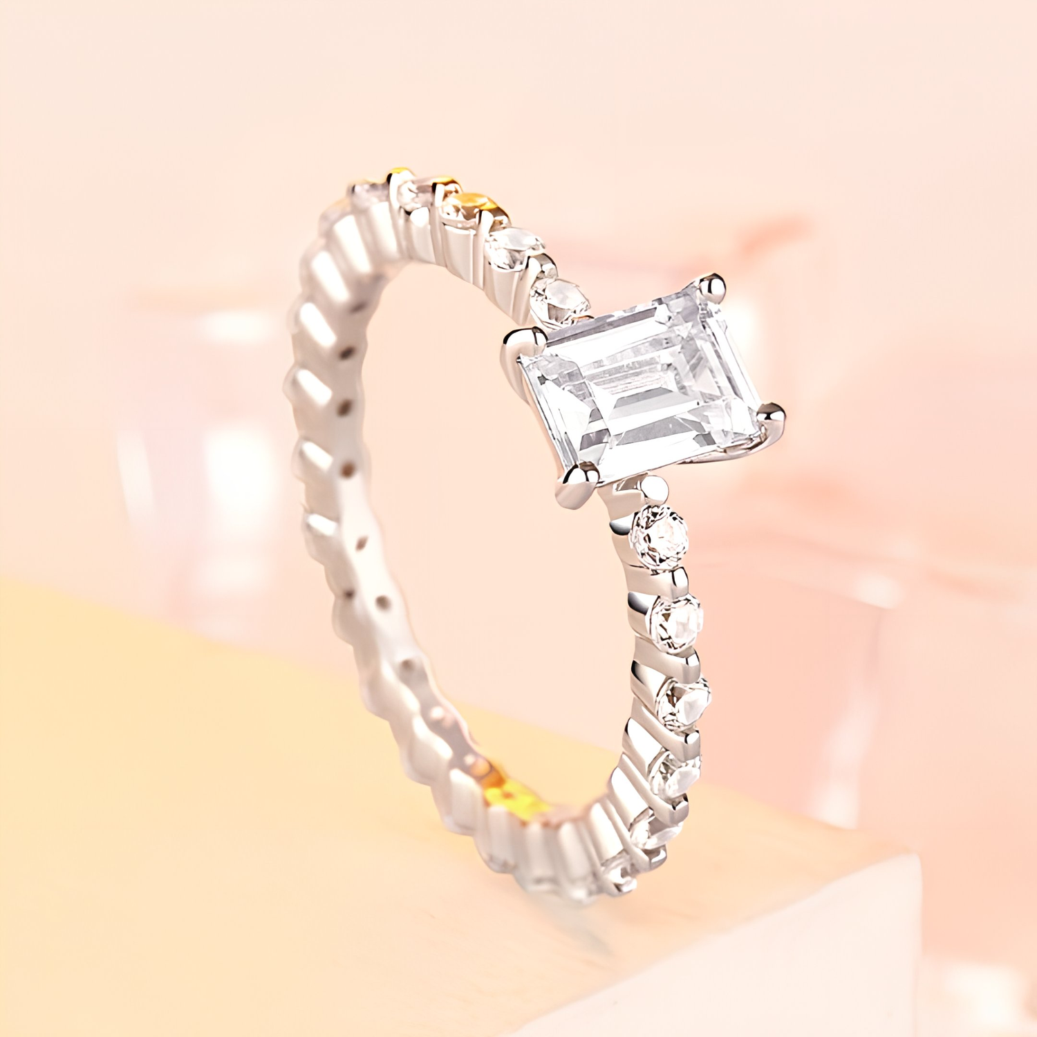 AJJ Lucendra vintage-style 925 sterling silver engagement ring with emerald cut simulated diamond and cubic zirconia accents