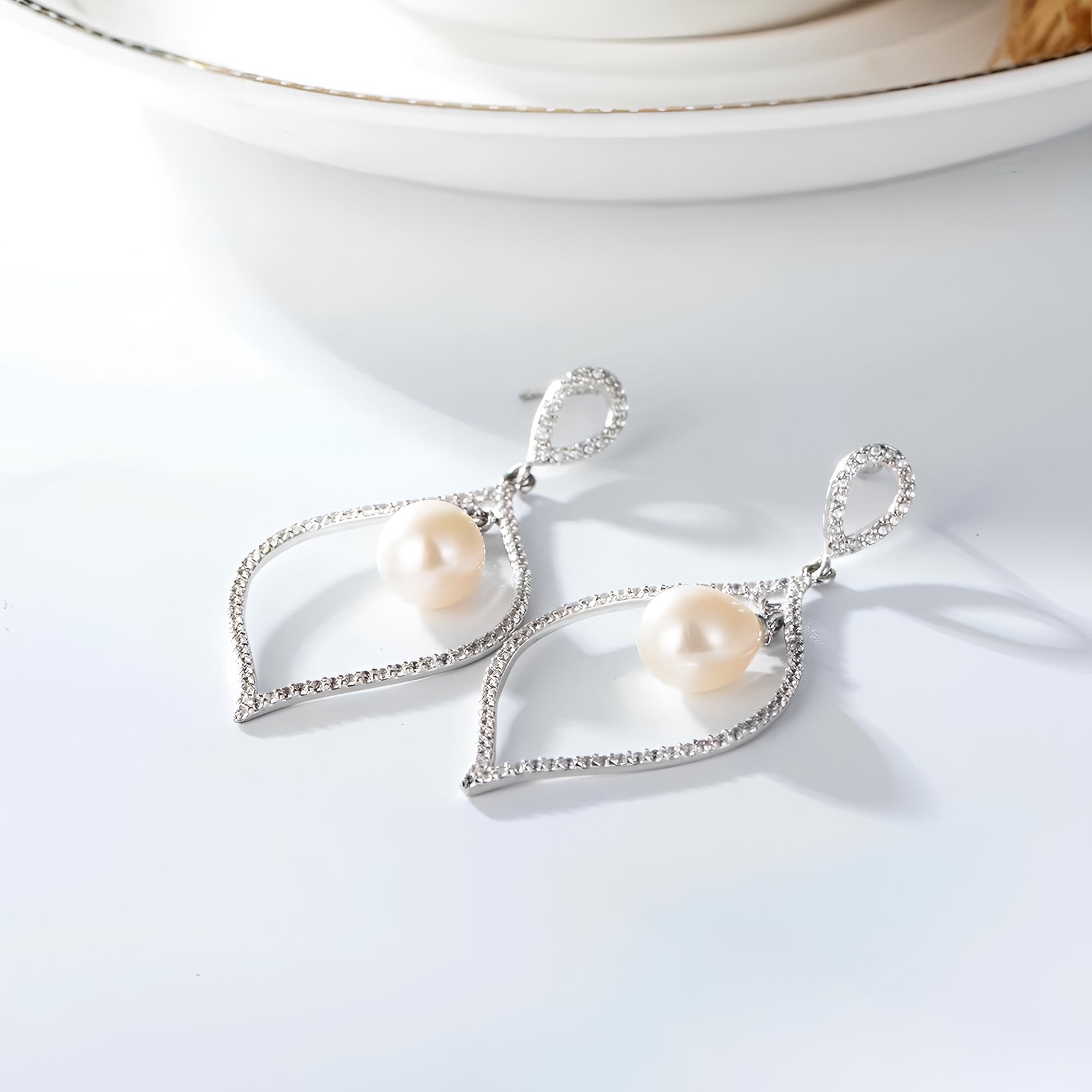 HERMIONE - Sterling Silver Luxury Pearl Simulated Diamond Earrings - Amber James Jewellery