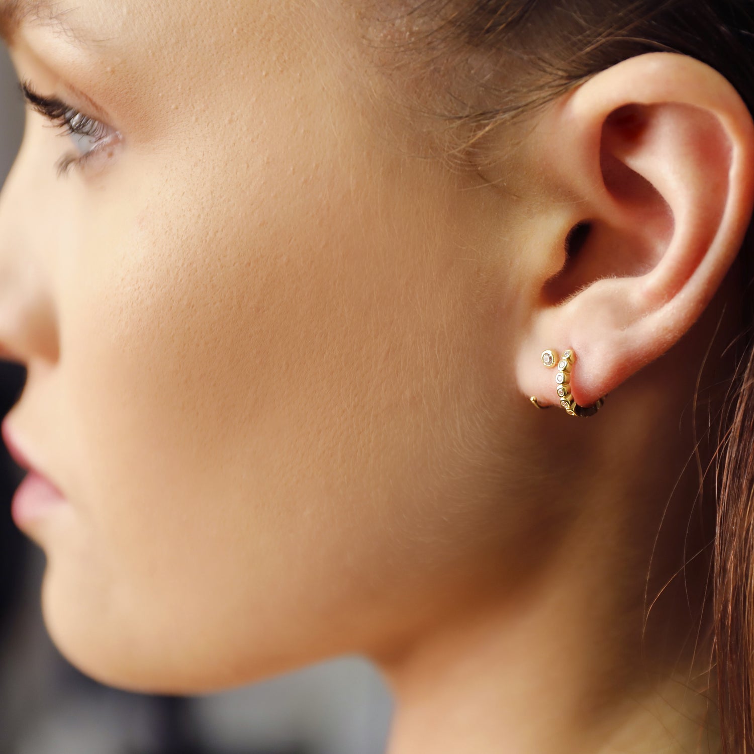 AJJ Shelly classic huggie hoops earrings with 8mm cubic zirconia, yellow gold sterling silver cartilage hoops, simple pave design
