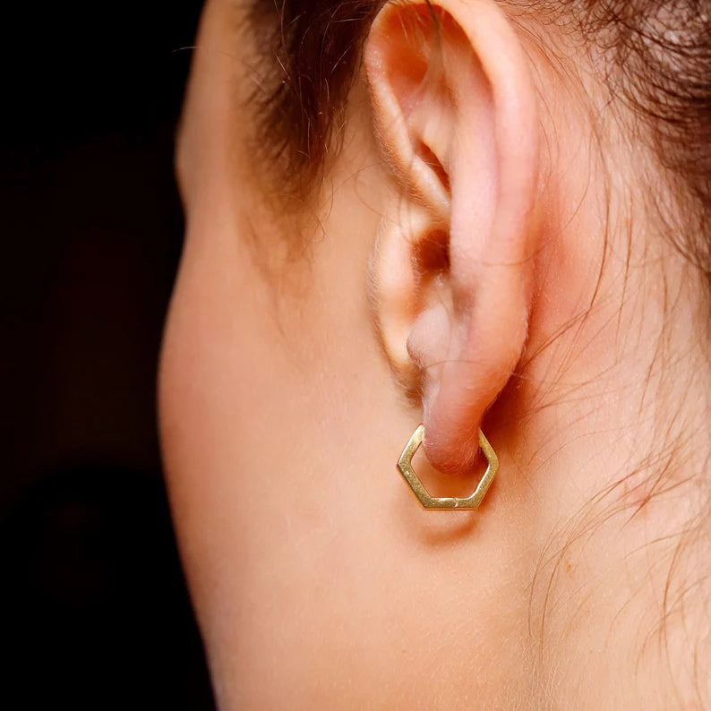 Silver Pentagon Huggie Hoops by AJJ, geometric dainty hoop earrings with a modern design, perfect for everyday wear.