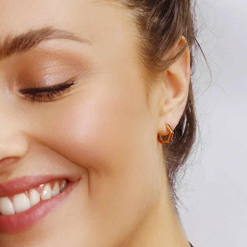Silver Pentagon Huggie Hoops by AJJ, dainty geometric hoop earrings with a modern pentagon shape.