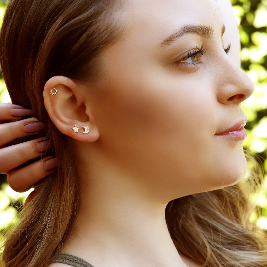 ASTRINA - Tiny CZ Moon & Star Earring, Dainty CZ Earrings, Huggie Earrings, Lobe Piercing, Cartilage Piercing, Cubic Zirconia, Minimalist Earring - Amber James Jewellery