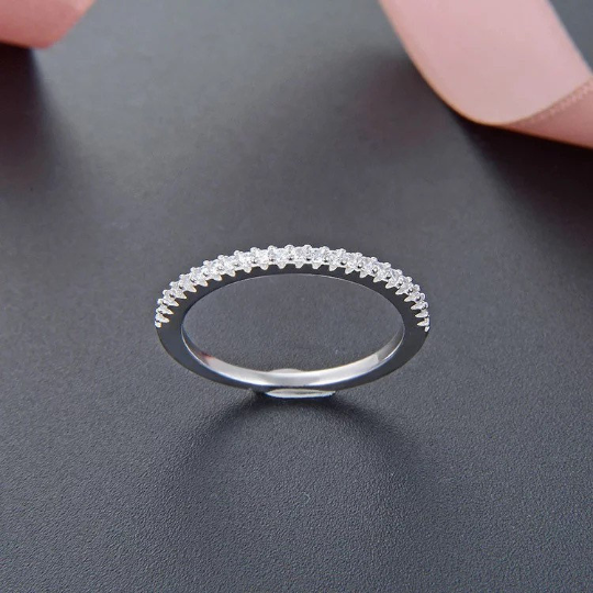 Mishie - Micro Pave Eternity, Sterling Silver Eternity, Half Eternity Pave Band, Thin Dainty Stacking, Delicate Pave Ring - Amber James Jewellery