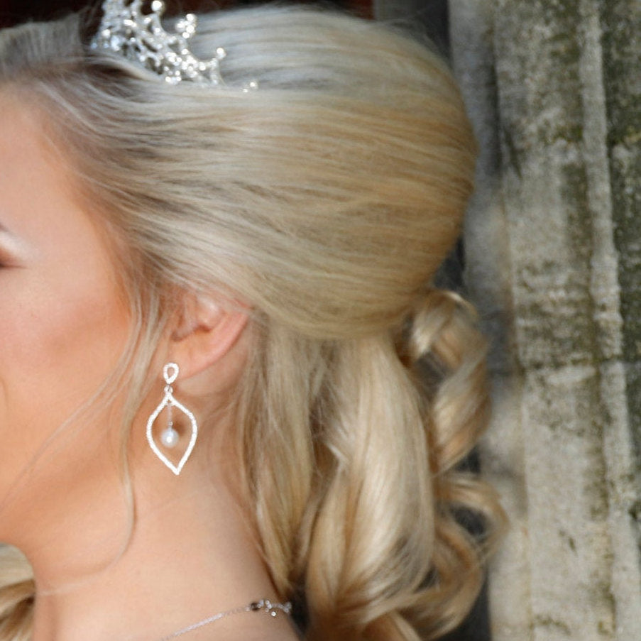HERMIONE - Sterling Silver Luxury Pearl Simulated Diamond Earrings - Amber James Jewellery
