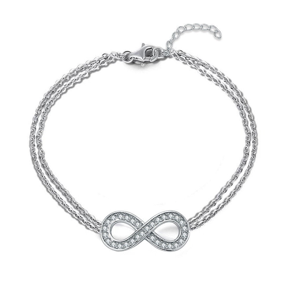 AJJ silver bangle bracelet for women featuring an infinity charm, adjustable sterling silver jewelry with a simple, elegant design.