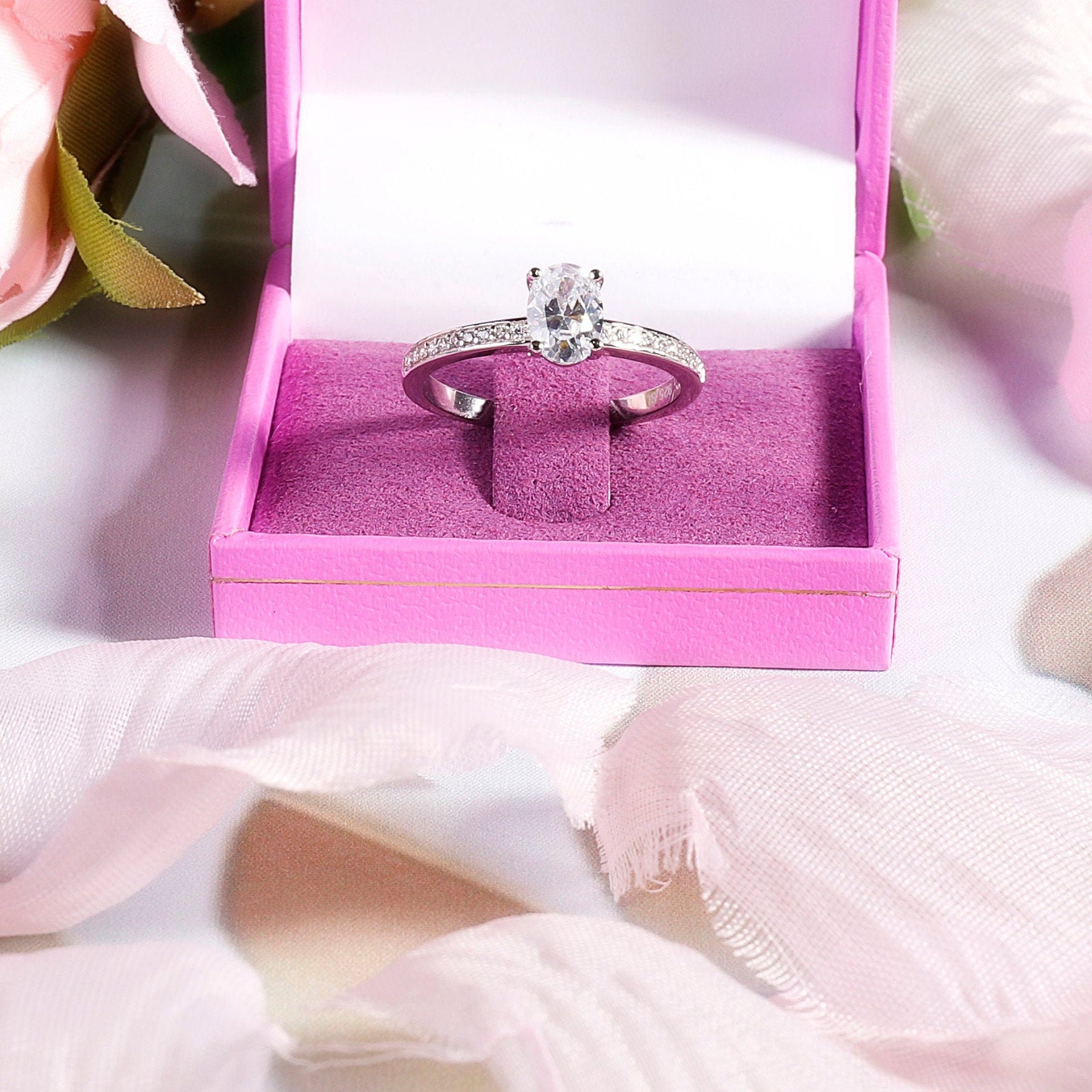 EMILY -  Sterling Silver Luxury Engagement Art Deco Oval Cut Bridal ring - Amber James Jewellery