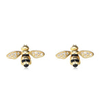 Silver stud earrings featuring a flying bee design, inspired by summer bees, by AJJ.