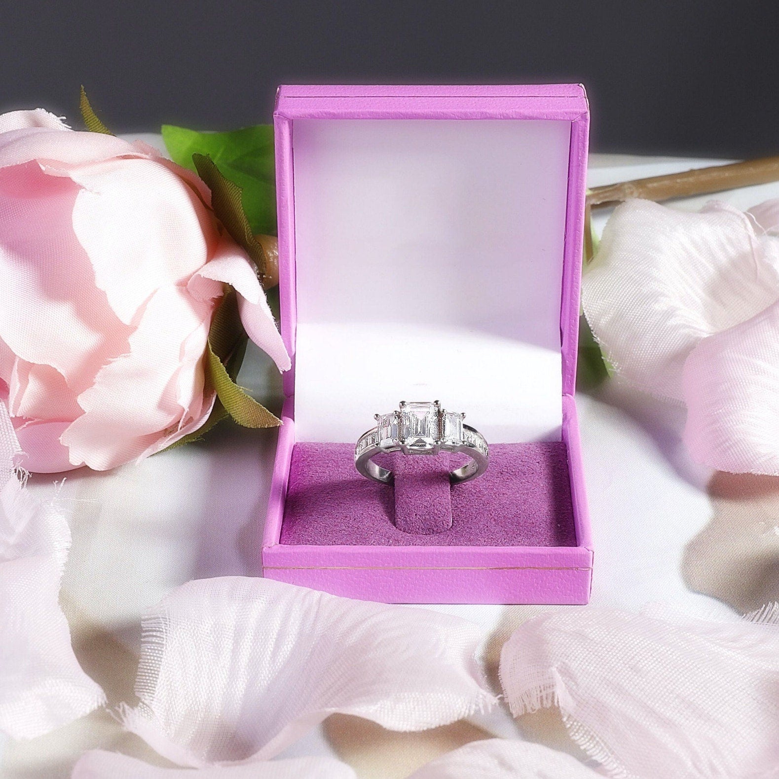 SISLA - 3Ctw Emerald Trilogy Ring | Sterling Silver Engagement Ring | Promise Ring for women | Eternity Ring in US UK size | High Quality!