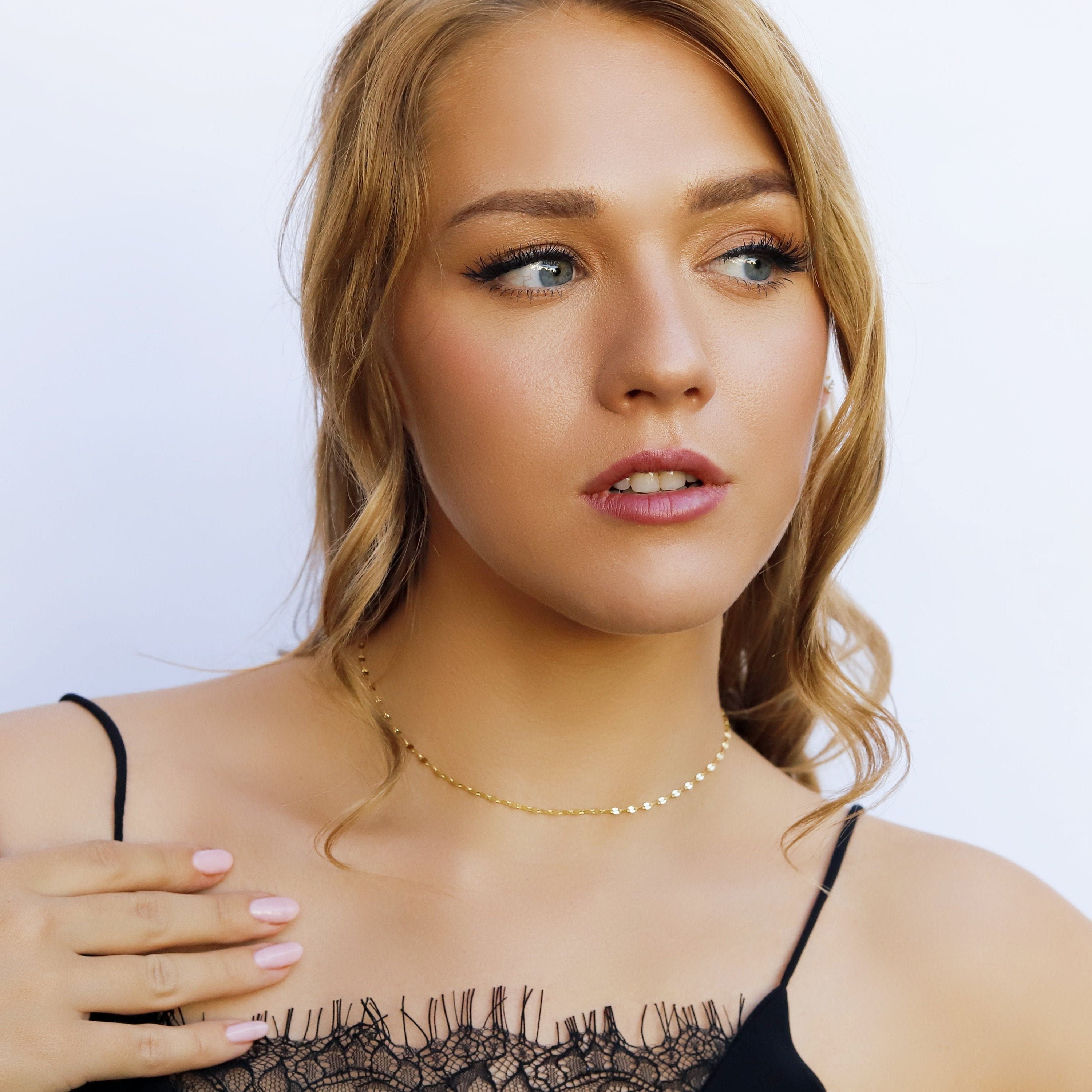 Samantha - Super Dainty Chain Choker•Double Mirror Chain• Lace Chain• Simple Choker Necklace