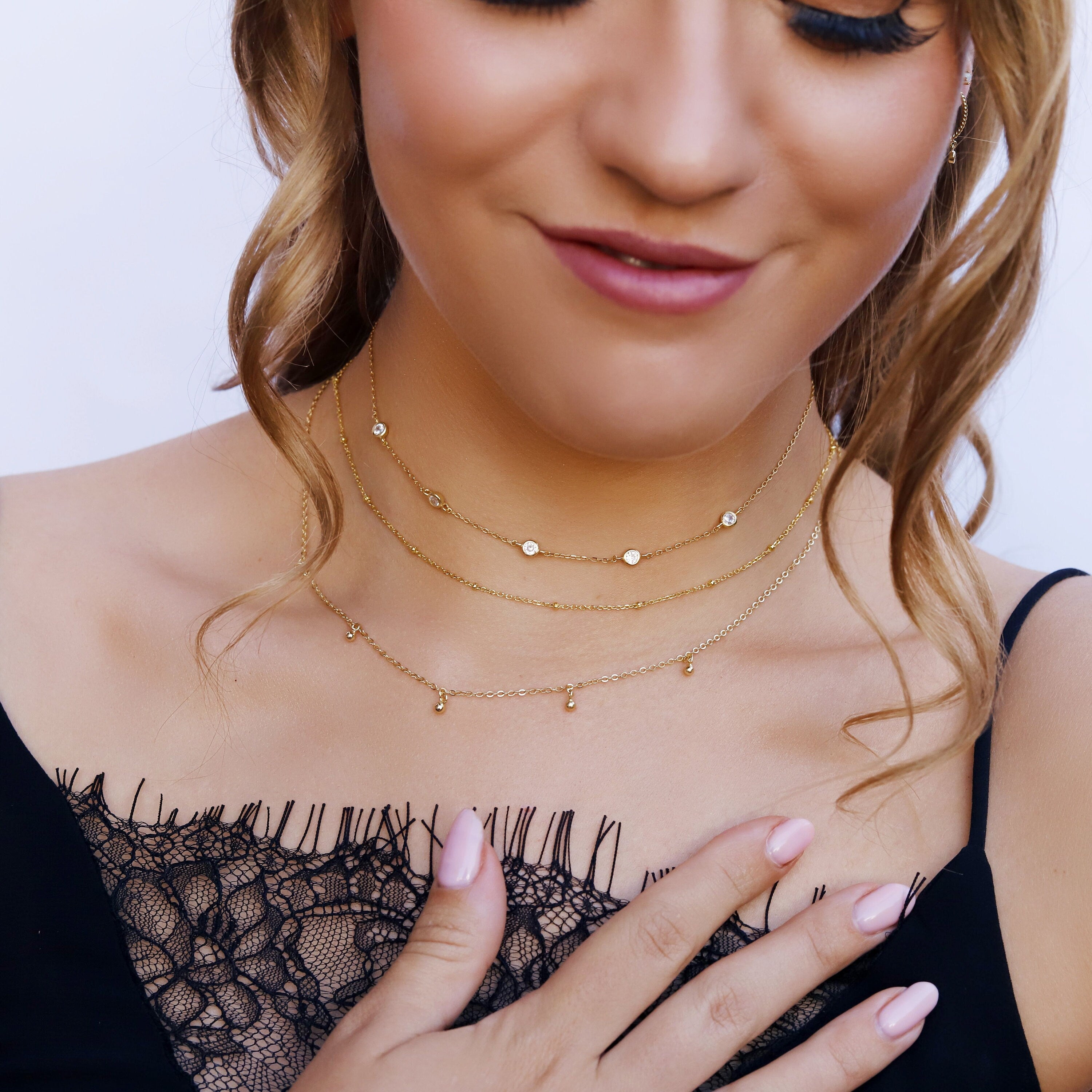 Beck - Dainty Gold Layering Necklace, 925 Sterling Silver 18K Gold plated, dainty beaded necklace