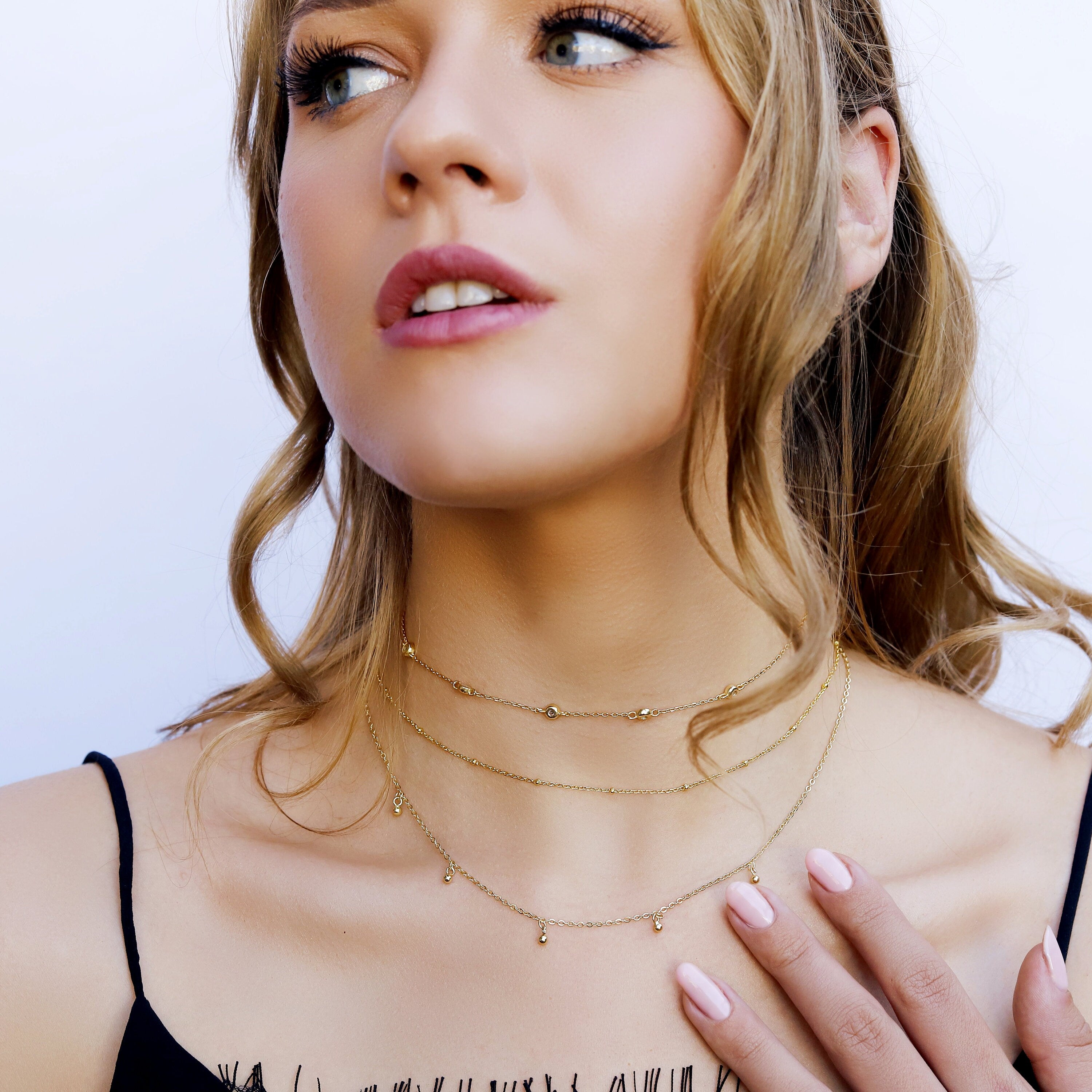 Beck - Dainty Gold Layering Necklace, 925 Sterling Silver 18K Gold plated, dainty beaded necklace