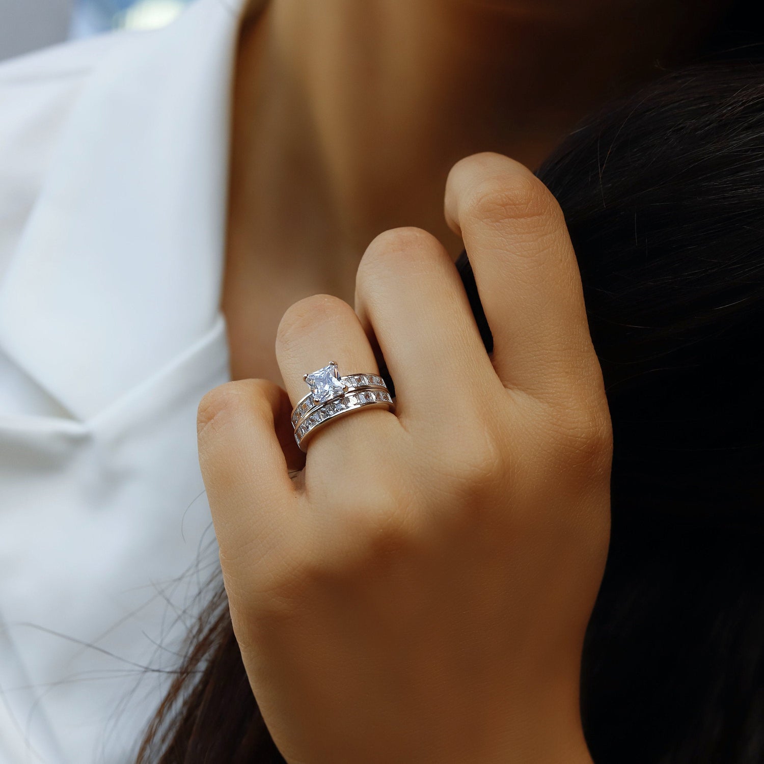 ELIZABETH -  Sterling Silver Princess cut Engagement & Promise Ring set - Amber James Jewellery