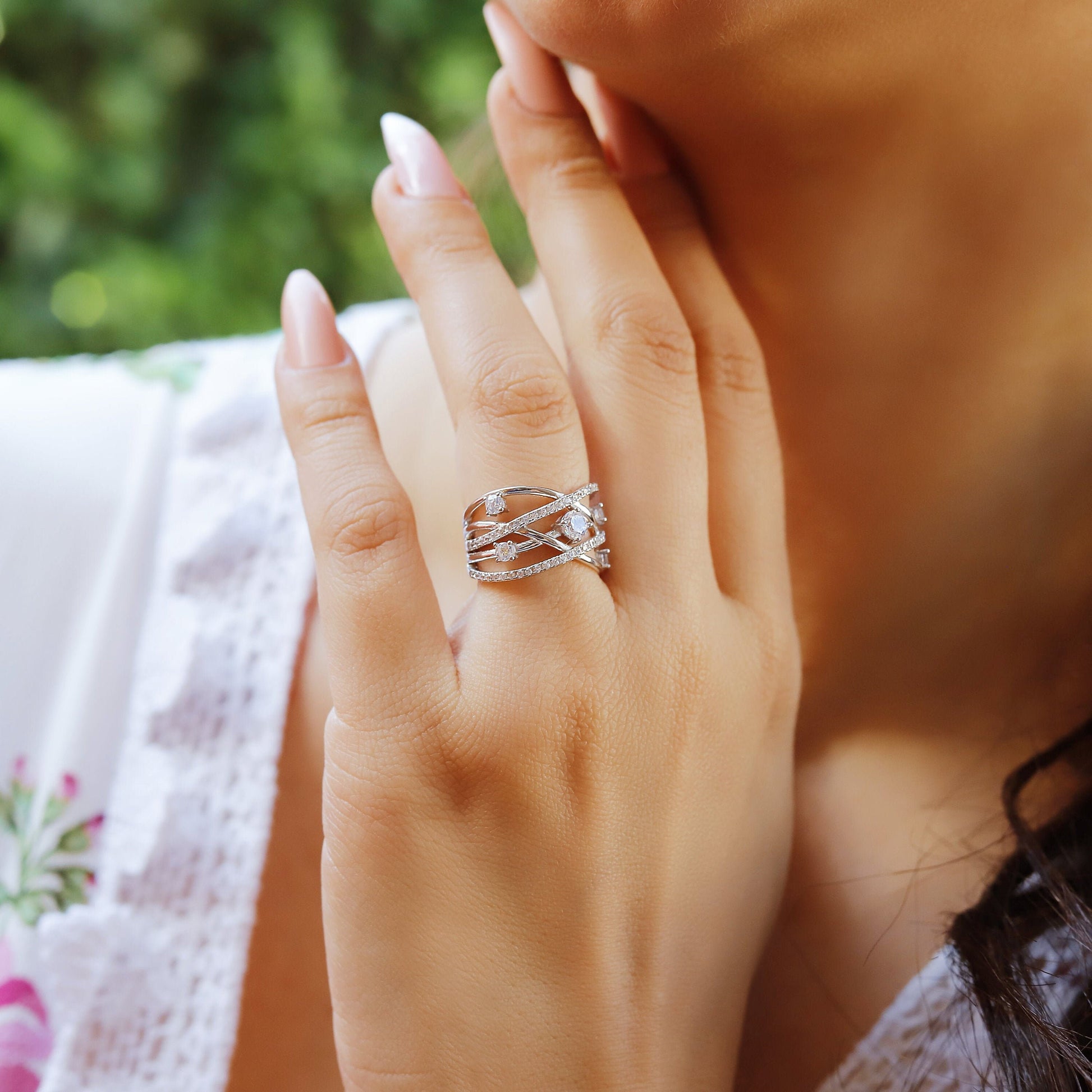 Britney - Cross Over Pave Set Accent, Silver Ring, Stacking Ring, Sterling Silver, Bridesmaids Ring rings, Stacking rings, Silver rings