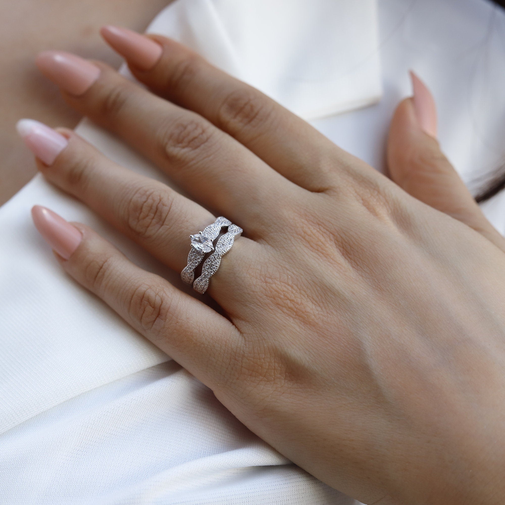 Harper - Sterling Silver Oval Cut Zirconia Stone Man Made Diamond Simulants Rings, Bridal Ring Set for Women