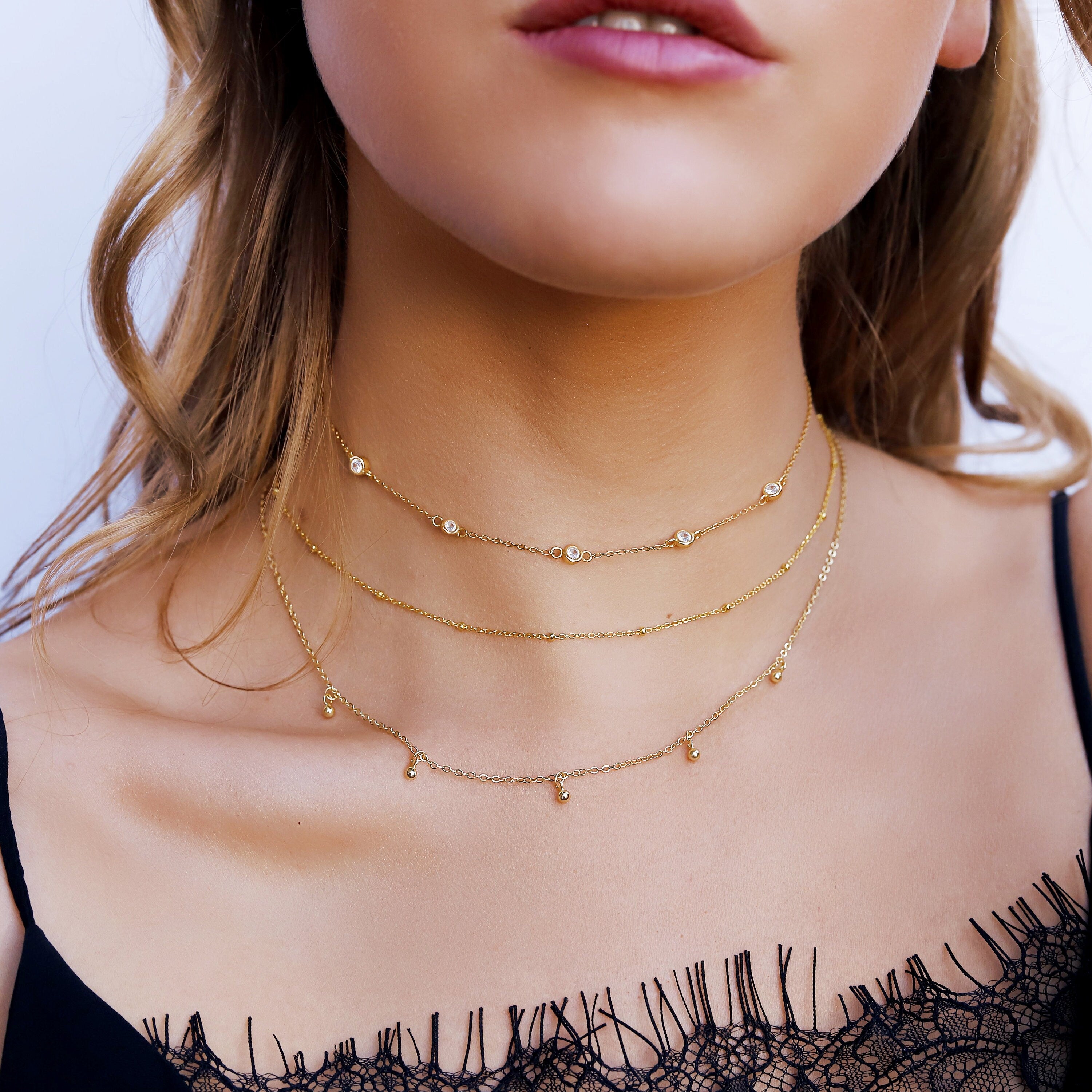Beck - Dainty Gold Layering Necklace, 925 Sterling Silver 18K Gold plated, dainty beaded necklace
