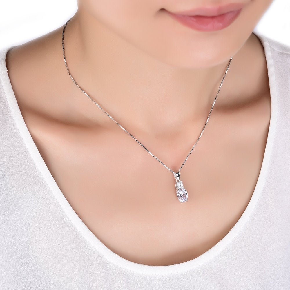 Skyla - Gorgeous Oval Solitaire Necklaces •Box Chain • Pendant Necklace, Bridal Necklace