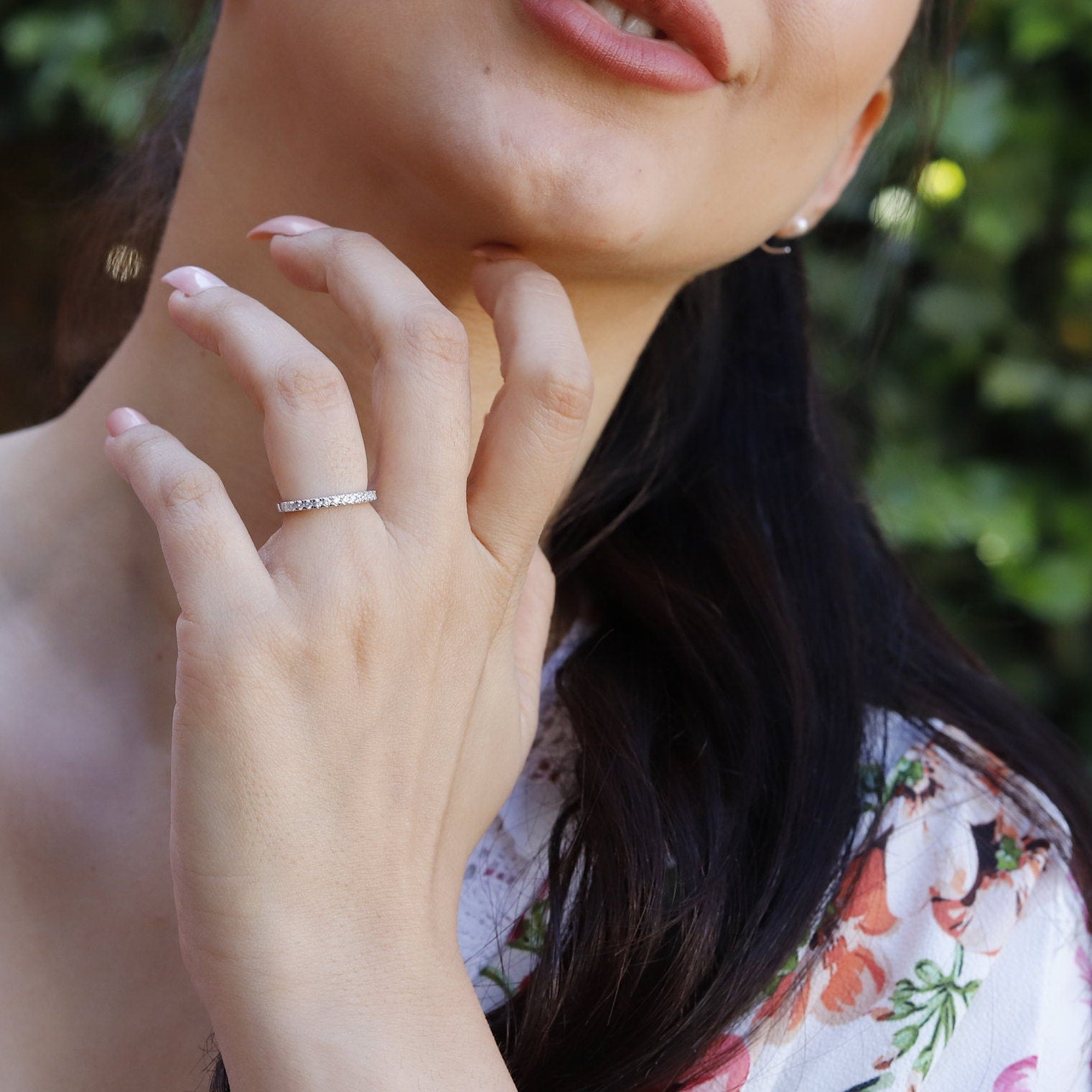 Sterling silver Kate micro pave eternity ring with delicate, thin band for stacking or everyday wear.
