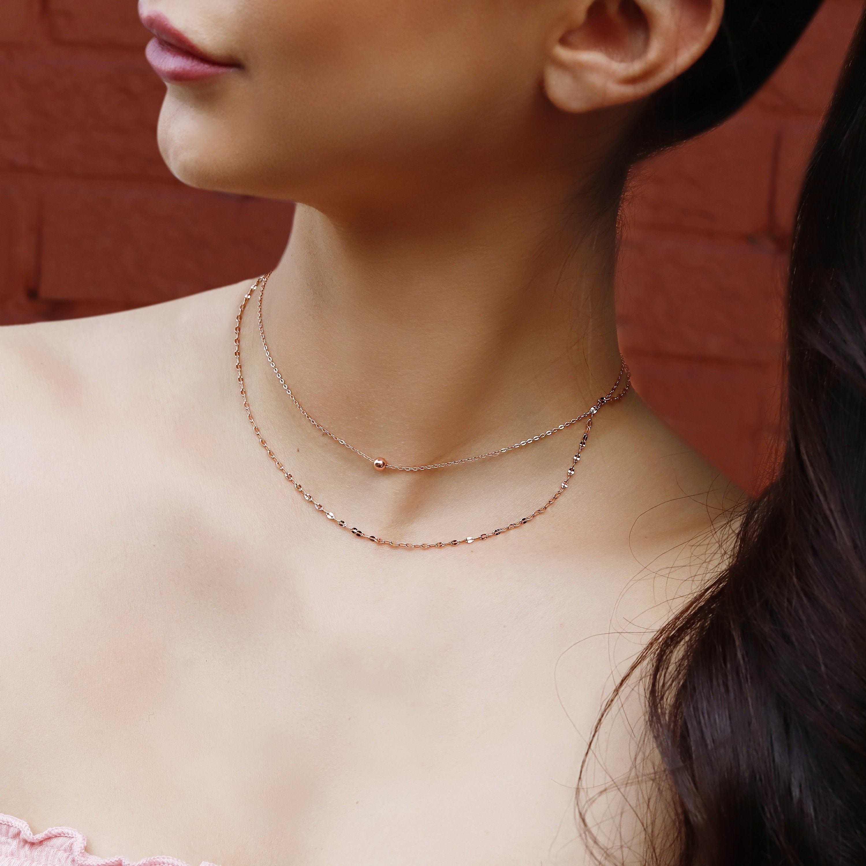 Macey - Sterling Silver Double String Choker Necklace, Available in Silver/Gold Tone