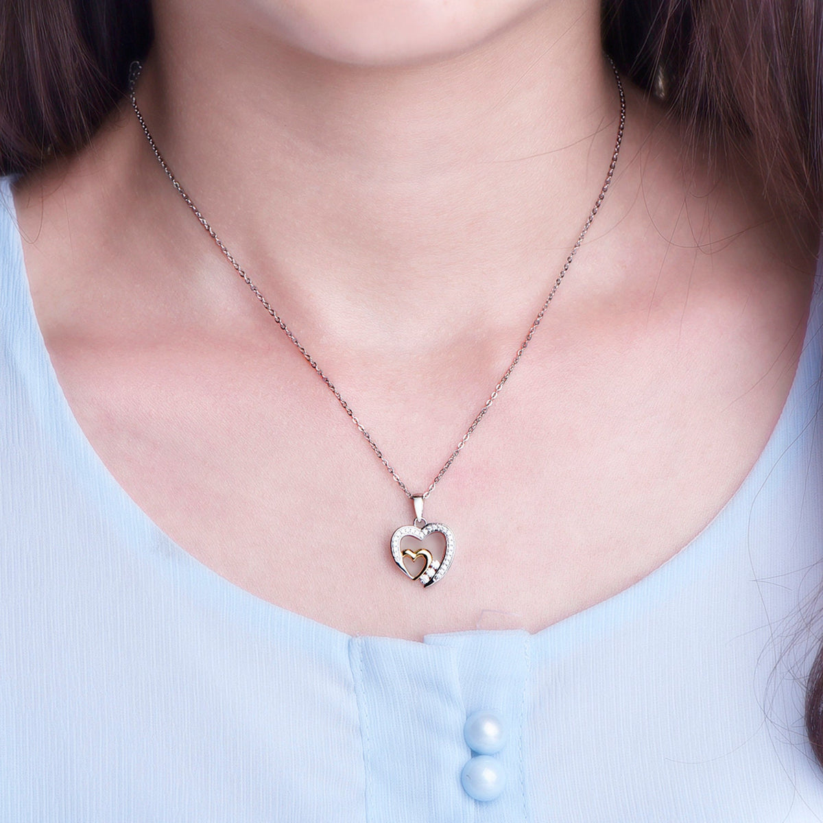 Brook - Delicate Two Tone Double Heart Necklaces •Link Chain • Choker Necklace, Satellite Necklace