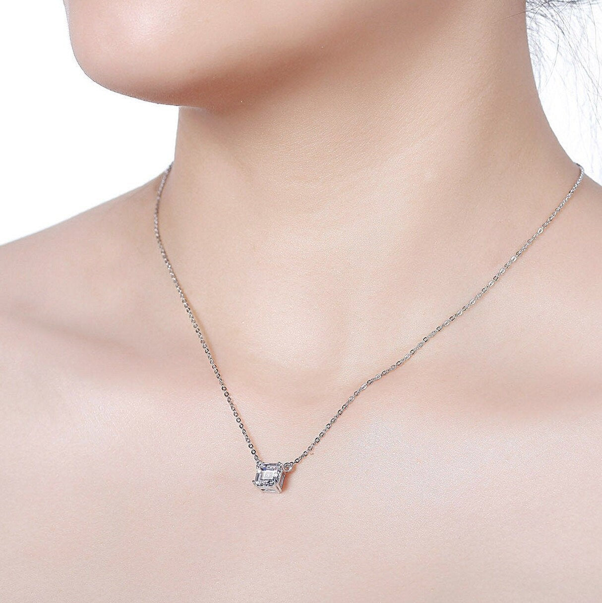 LORNA- 925 Sterling Silver dainty Necklace,Solitaire Asscher necklace, Man Made Diamond Stimulant, Bridal Wedding Gift