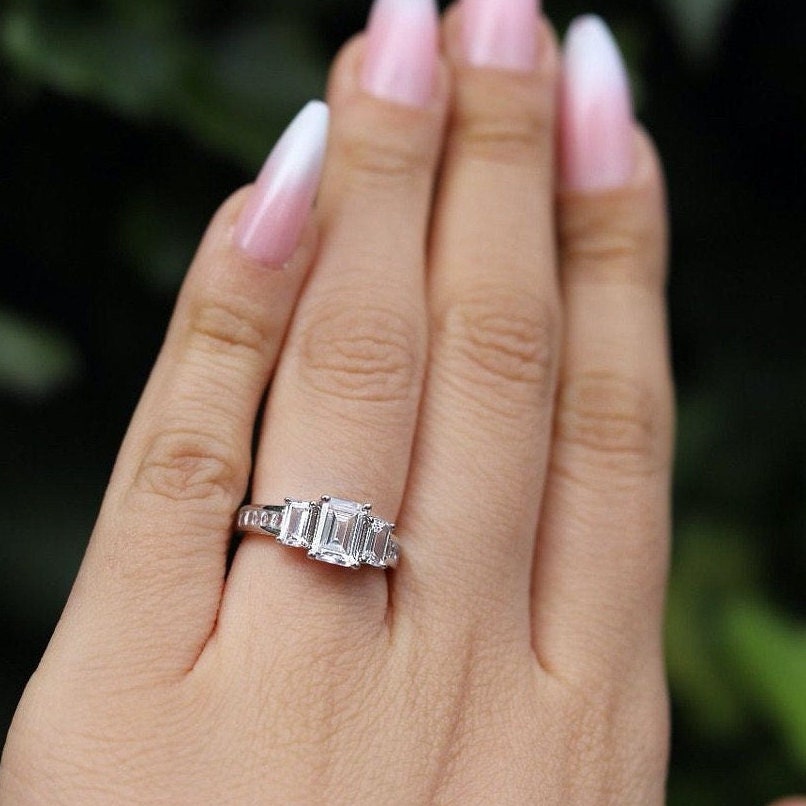 SISLA - 3Ctw Emerald Trilogy Ring | Sterling Silver Engagement Ring | Promise Ring for women | Eternity Ring in US UK size | High Quality!