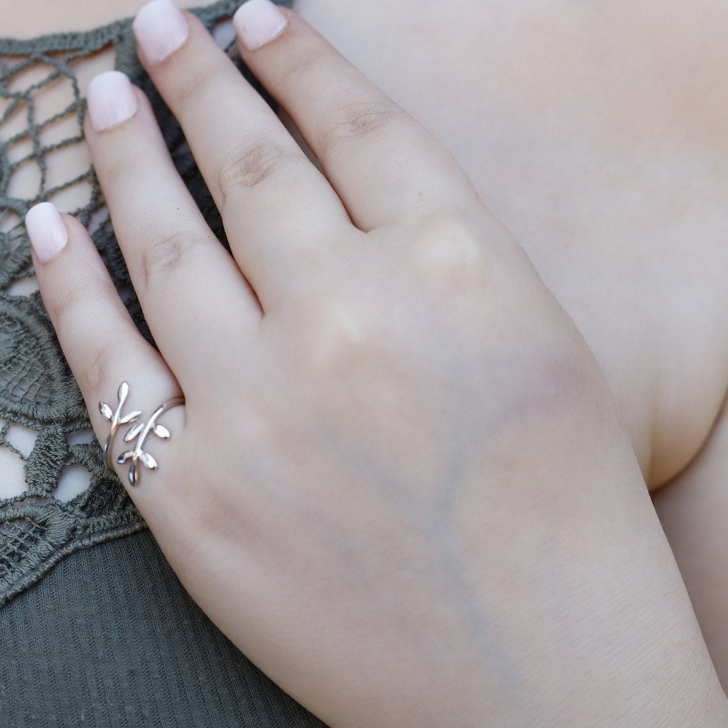 Silver Maxie Chevron Leaf Wrap ring by AJJ, bohemian-style stacking thumb ring with delicate leaf design and minimal dainty look.