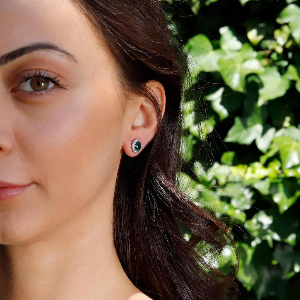 Silver Halo Stud Earring, Rhodium Plated Sterling Silver Stud Earrings, Simulated Diamond Stud Earrings