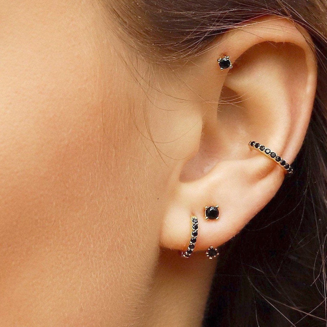 AJJ gold and silver cartilage hoop earrings, small helix, tragus, and conch hoops with pave design, versatile jewelry for cartilage piercings.