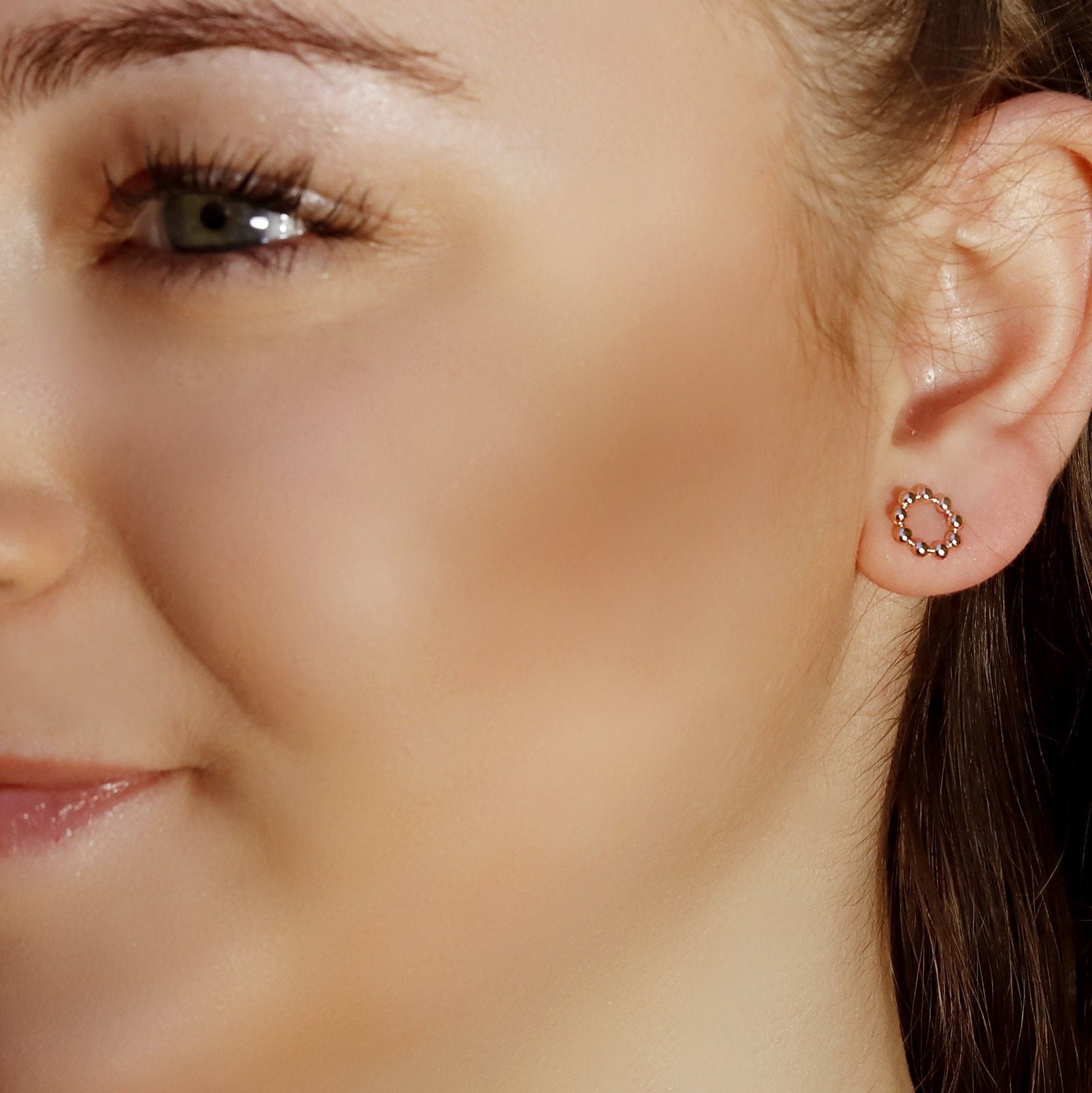 Sterling silver circle stud earrings with geometric design and crystal accents, stylish silver earrings by AJJ.