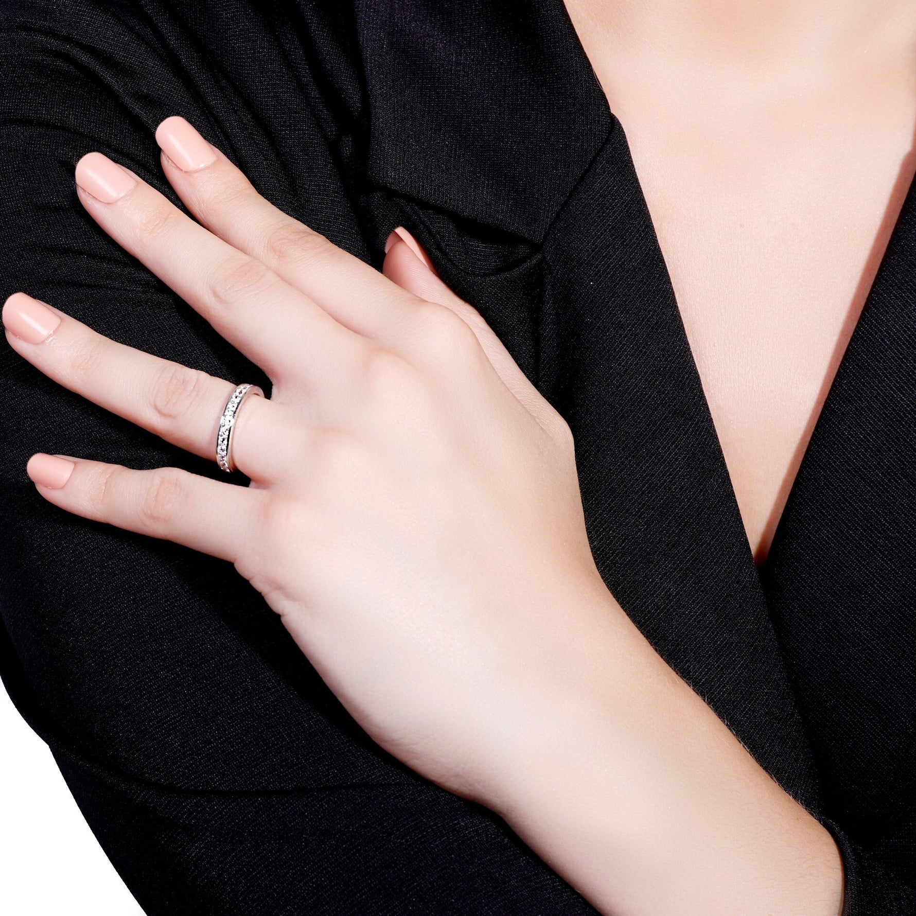 AJJ Claire full round CZ stone engagement and wedding band with eternity design, perfect for anniversaries or Valentine's Day.