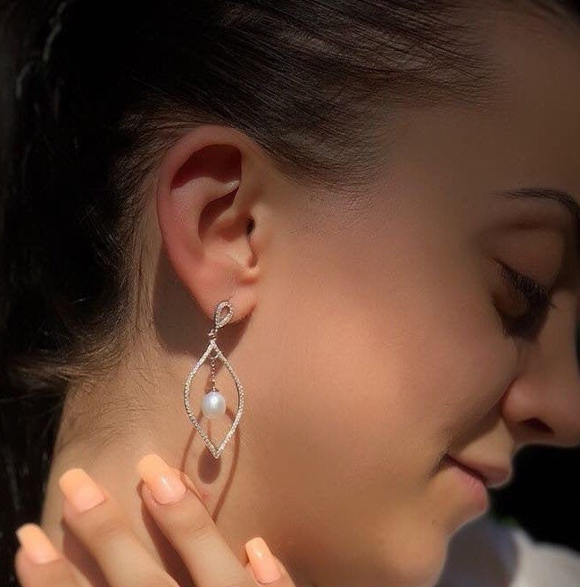 925 Sterling Silver Luxury Pearl Simulated Diamond Earrings Bridal Wedding including gift Pouch for Women