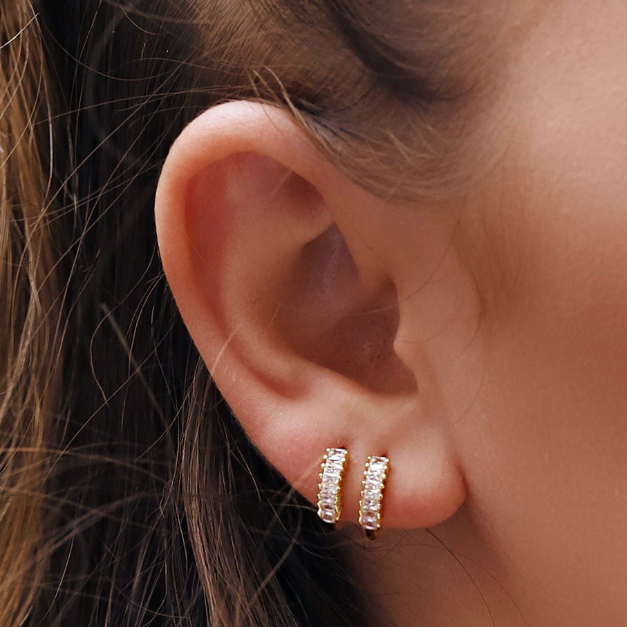 Sterling Silver Huggie Hoop Earrings | Baguette Hoop Earrings | Minimalist Earrings | Gold Lightweight Hoops | Simple Silver Earrings |