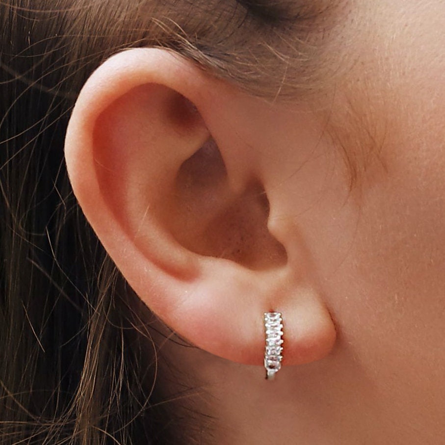 Sterling Silver Huggie Hoop Earrings | Baguette Hoop Earrings | Minimalist Earrings | Gold Lightweight Hoops | Simple Silver Earrings |