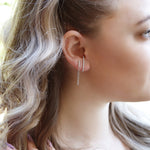 AJJ minimalist silver lobe suspender huggie earrings with pave bar design, small dainty tiny earrings for a subtle, elegant look