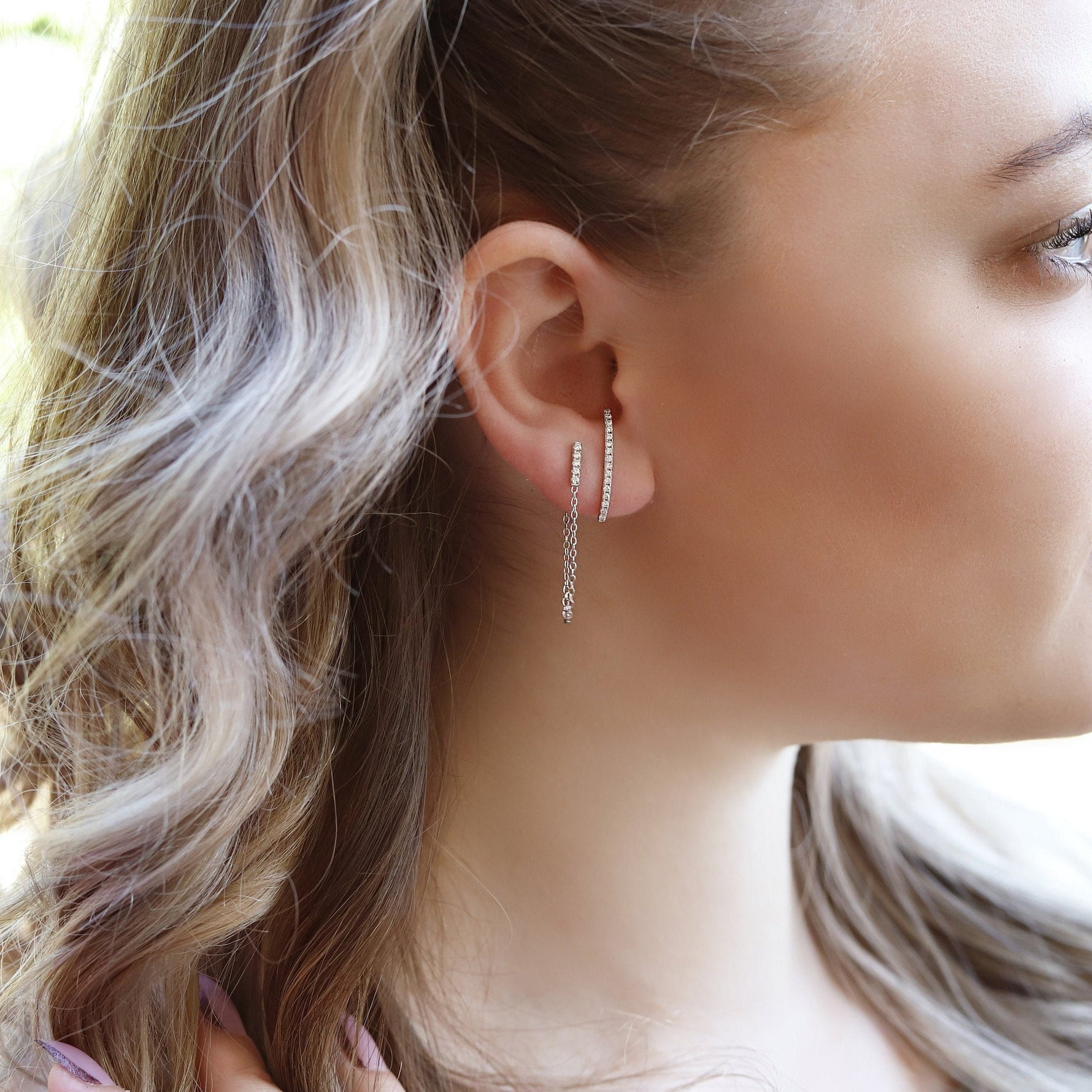 AJJ minimalist silver lobe suspender huggie earrings with pave bar design, small dainty tiny earrings for a subtle, elegant look